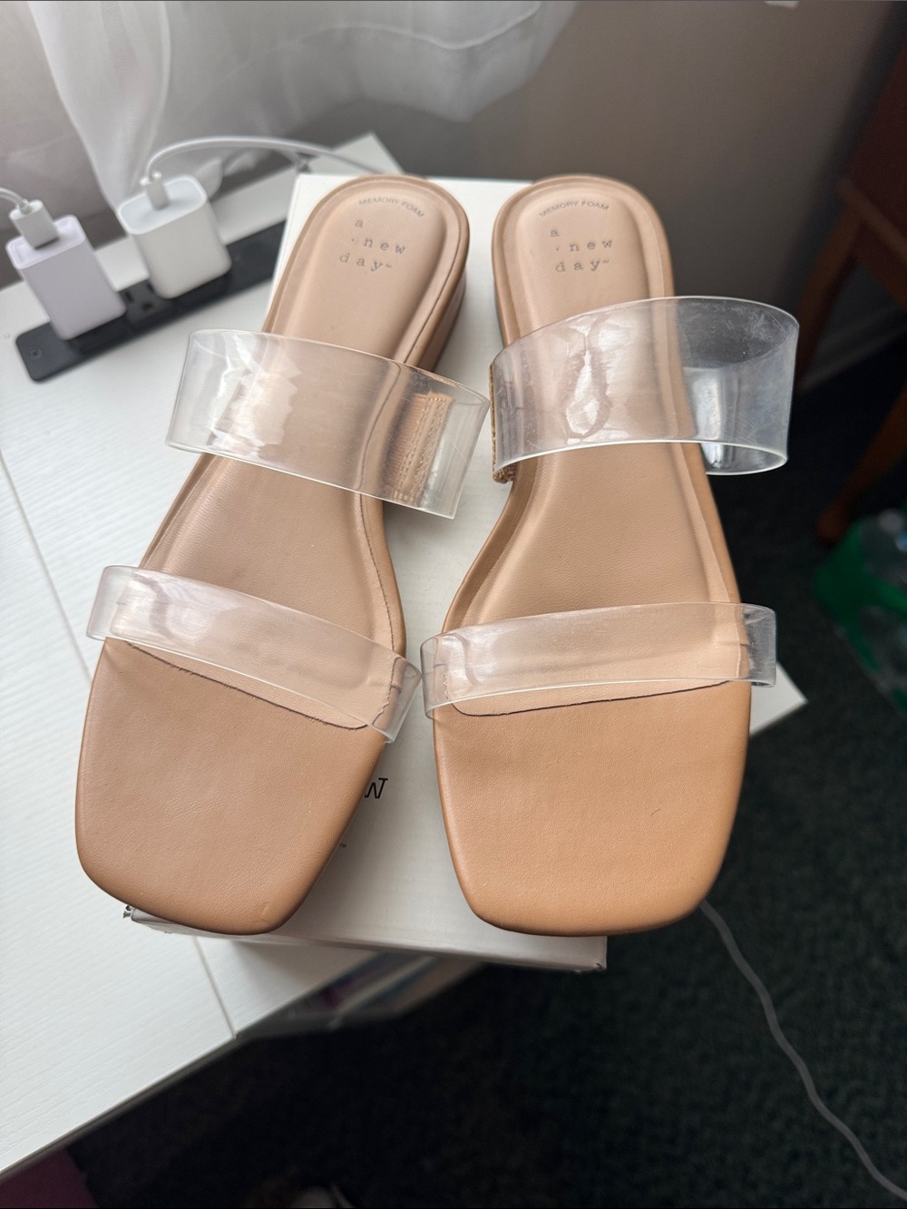 a new day Tan Slide Sandals with Clear Double Straps